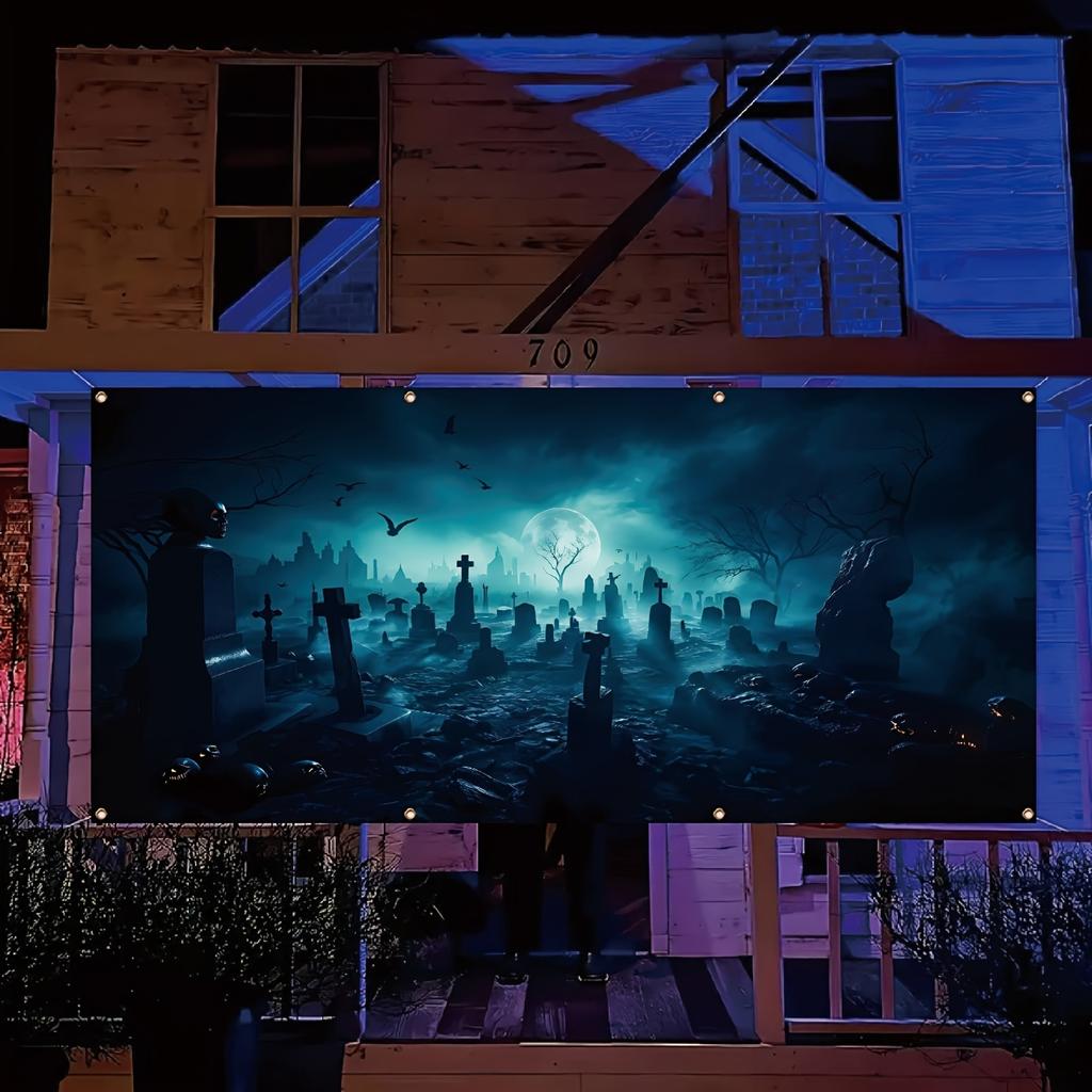Halloween garage door banner background, full moon horror cemetery landscape with bats, polyester, holiday wall decoration