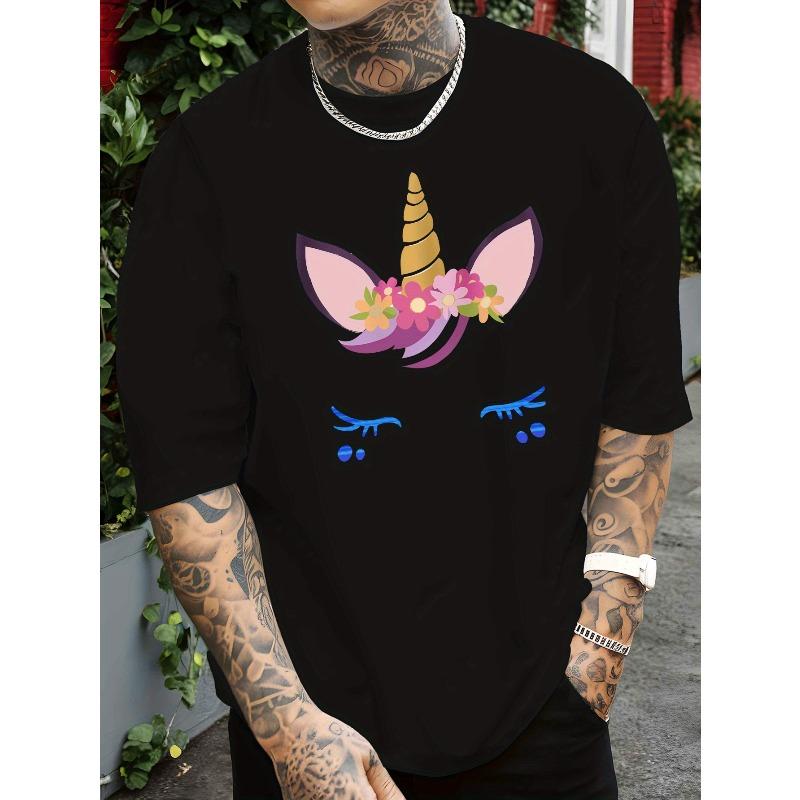 European Size Men's Breathable Polyester-Spandex T-Shirt with Shy Unicorn Print, Short Sleeves, Round Neck - Casual Summer Top for Beach ,Resort Wear