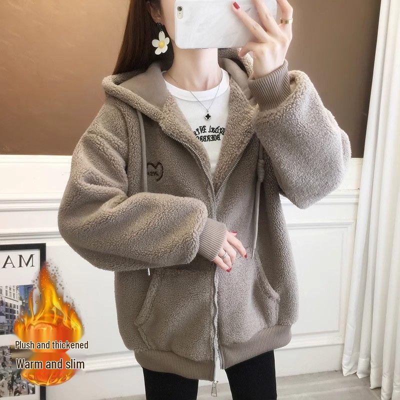 Women's Hooded Fleece Jacket 2025: Thick Lambswool Cardigan for Autumn/Winter