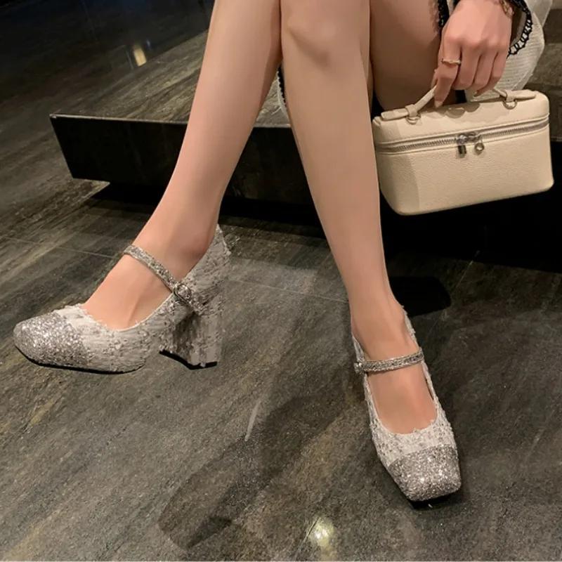 Fashion Slip on Shoes for Women Slip-on Glitter Med Slides Bling PU Hoof Heels Rubber Glitter Shoes Slip-on Slip on Rubber Hoof Heels Me