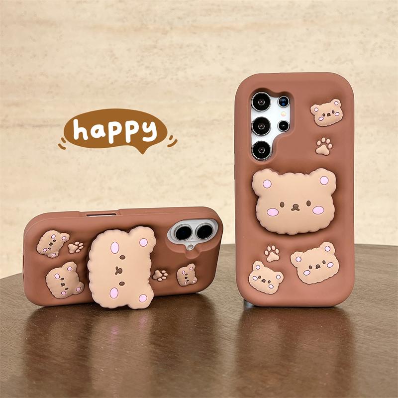 For Samsung Galaxy A16 A26 A36 A56 A15 A25 A35 A55 A14 A24 A54 Case Cute Bear 3D Cartoon Grip Tok Holder Silicone Cover