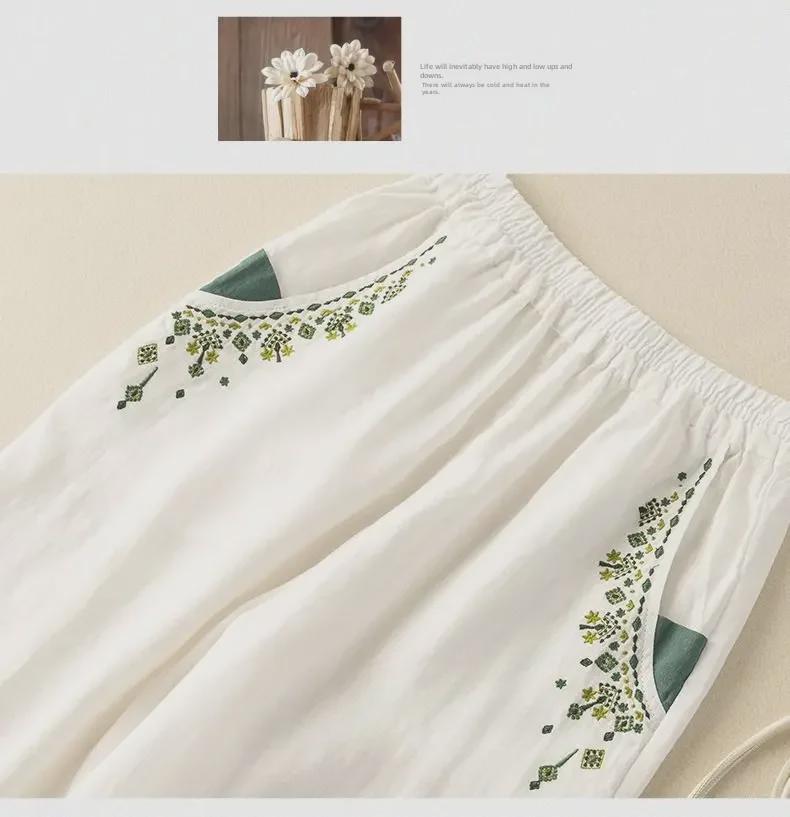 Damen 2024 Retro Bestickte Baumwoll-Leinen Karottenhose: Lässig, locker geschnitten im Harem-Stil für Frühling, Sommer und Herbst.
