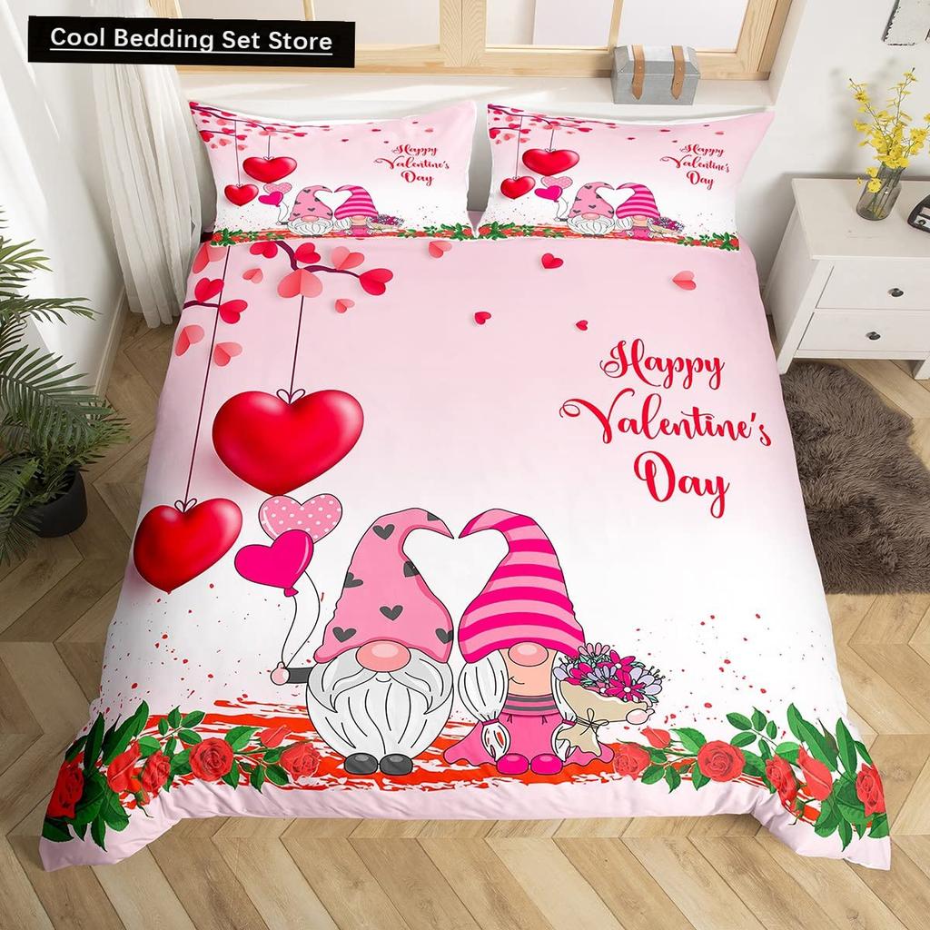 Valentinstag King Bettbezug Romantisches Bettwäsche-Set Kawaii Paar Wichtel Bettdeckenbezug Rosa Rosen Herzen Polyester Steppdeckenbezug