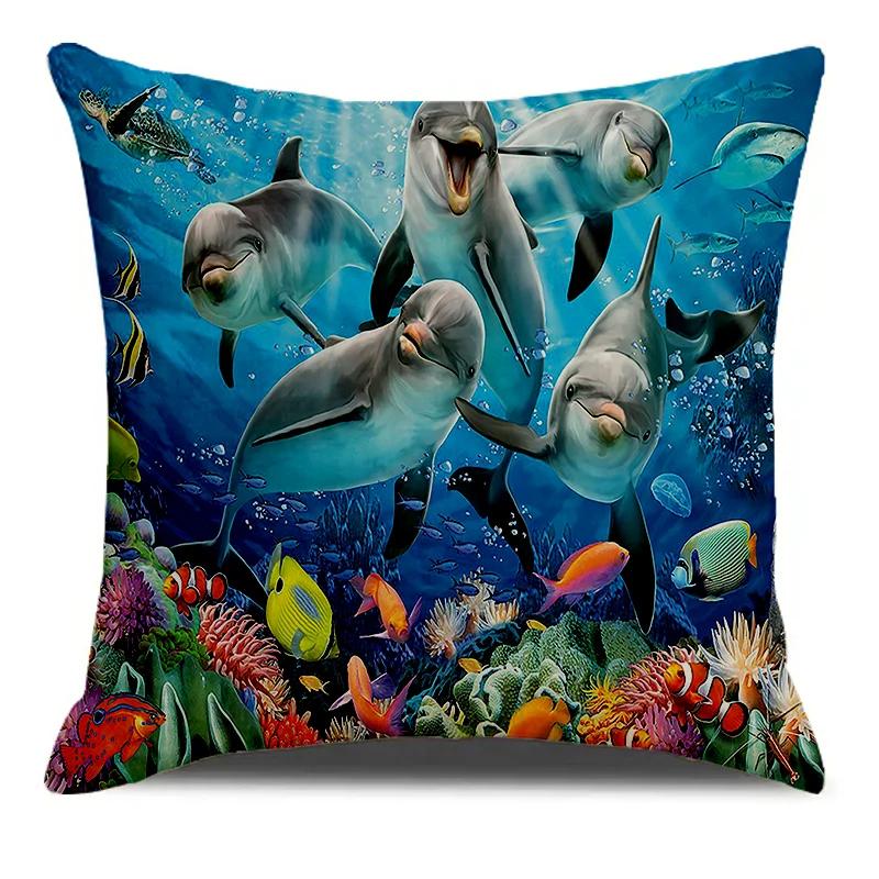 

Sea World Animal Whale Dolphin Fishes Printed Soft Square Pillowslip Linen Blend Cushion Cover Pillowcase Living Room Home Decor 12x12Inch