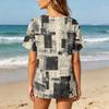 Damen Kurzarm Baumwoll-Leinenhemd mit Modischem Print Henley Knopfleiste und Brusttasche Lockerer Schnitt Lässiges Oberteil