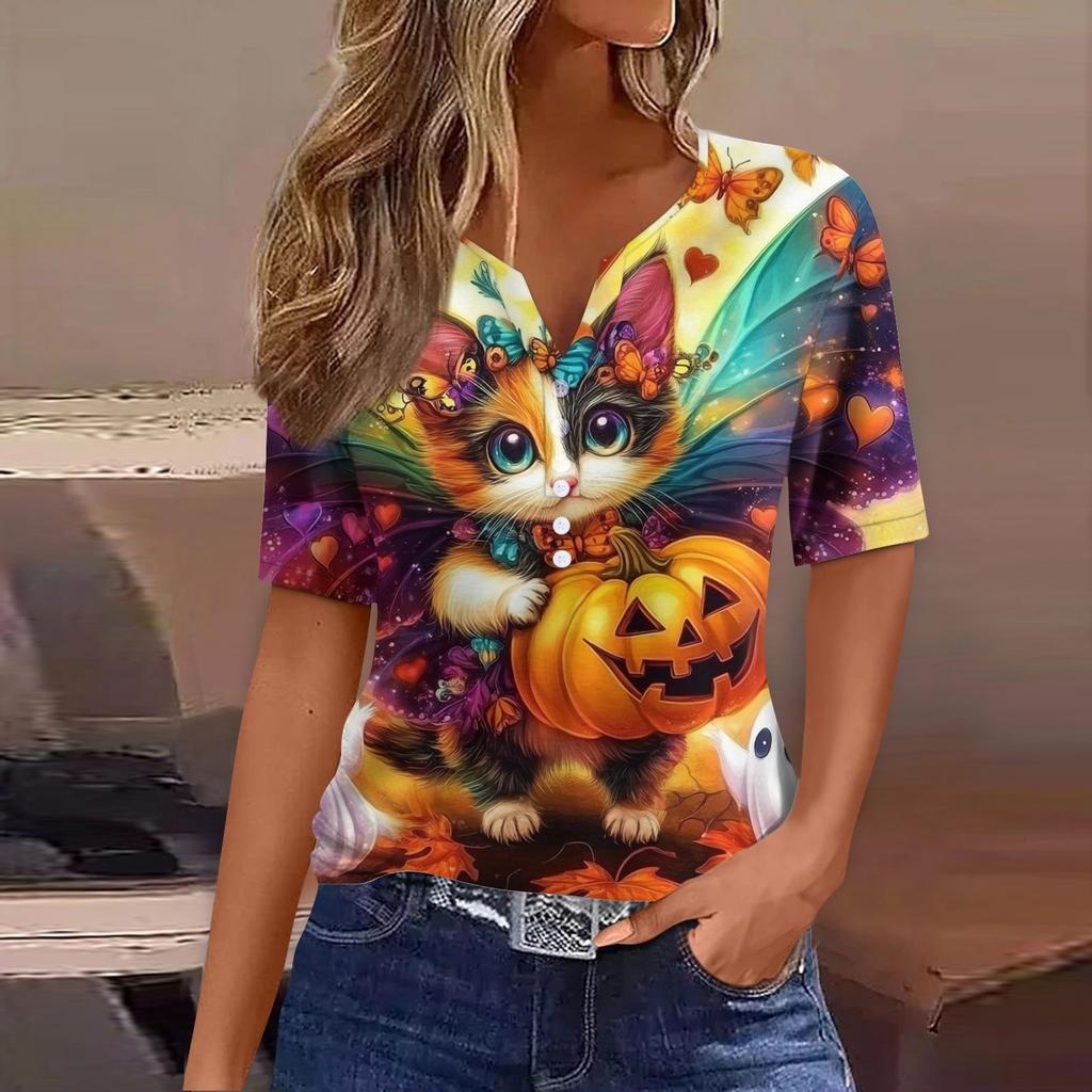 Dames T-skjorte Tee Halloween Trykket Knapp Kortermet Tunika Daglig Helgemote Basic V-hals Vanlig Topp