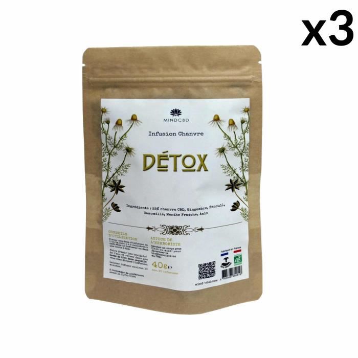 Lot de 3 Infusions CBD Bio DÉTOX MIND CBD, Chanvre (25%), 3 x 40g