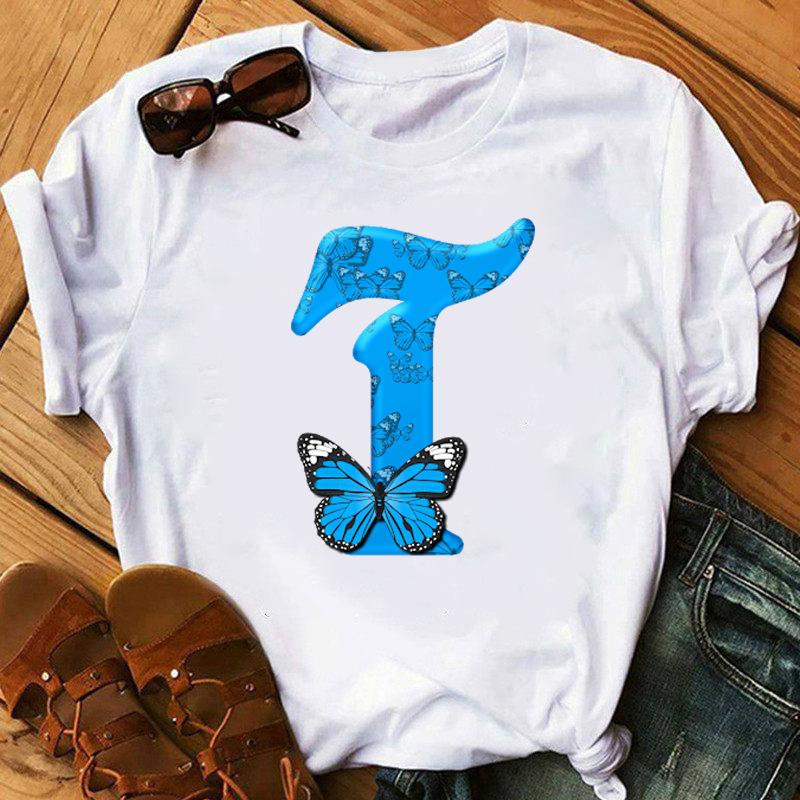 26 English Letters Butterfly Print T-shirts Name Letter Printed Top Fashionable Casual Round Neck Short Sleeved Women's Pure Cotton T-shirts
