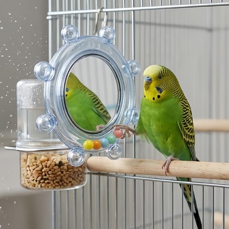 Pet Bird Mirror Play Toy for Small Companion Birds, Rotating Round Cage Mirror with Plastic Frame, 2 Piece Enrichment Set for Routine Use
