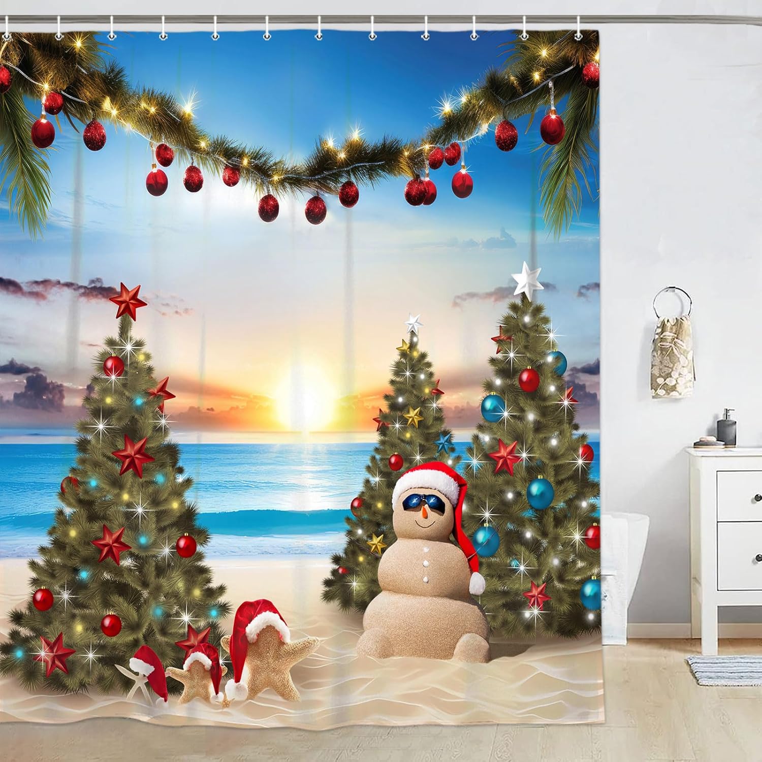 

Christmas Beach Theme Shower Curtain With Tree Snowman & Starfish Ocean Sunset Design, Holiday Bathroom Decor For Coastal Style W60H190(CM)-1 Pcs