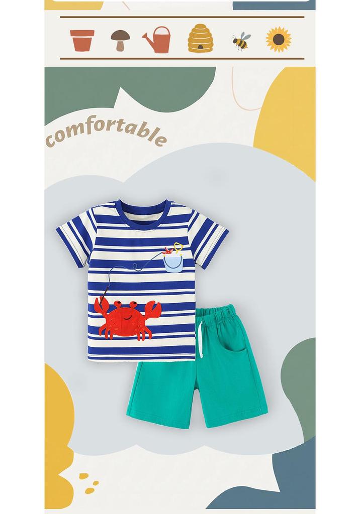 European Boys' Summer Set: Cute Crab Embroidered 2-Piece, Round Neck & Short Sleeve.