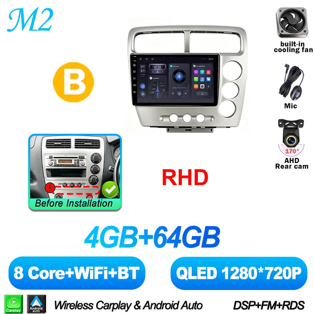 Android 16 For HONDA Civic EP3 2000-2005 Car Radio Stereo Head Unit Multimedia Video Player GPS Navigation 2K QLED 9 Inch 8 Core