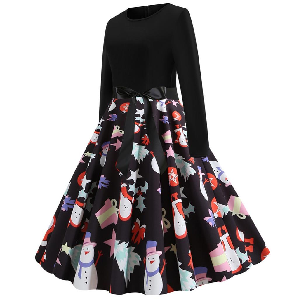 Women's Long Sleeve Vintage Dress Retro Fit Flare Holiday Party Dress Christmas Print Midi Dress with Waist Tie Belt