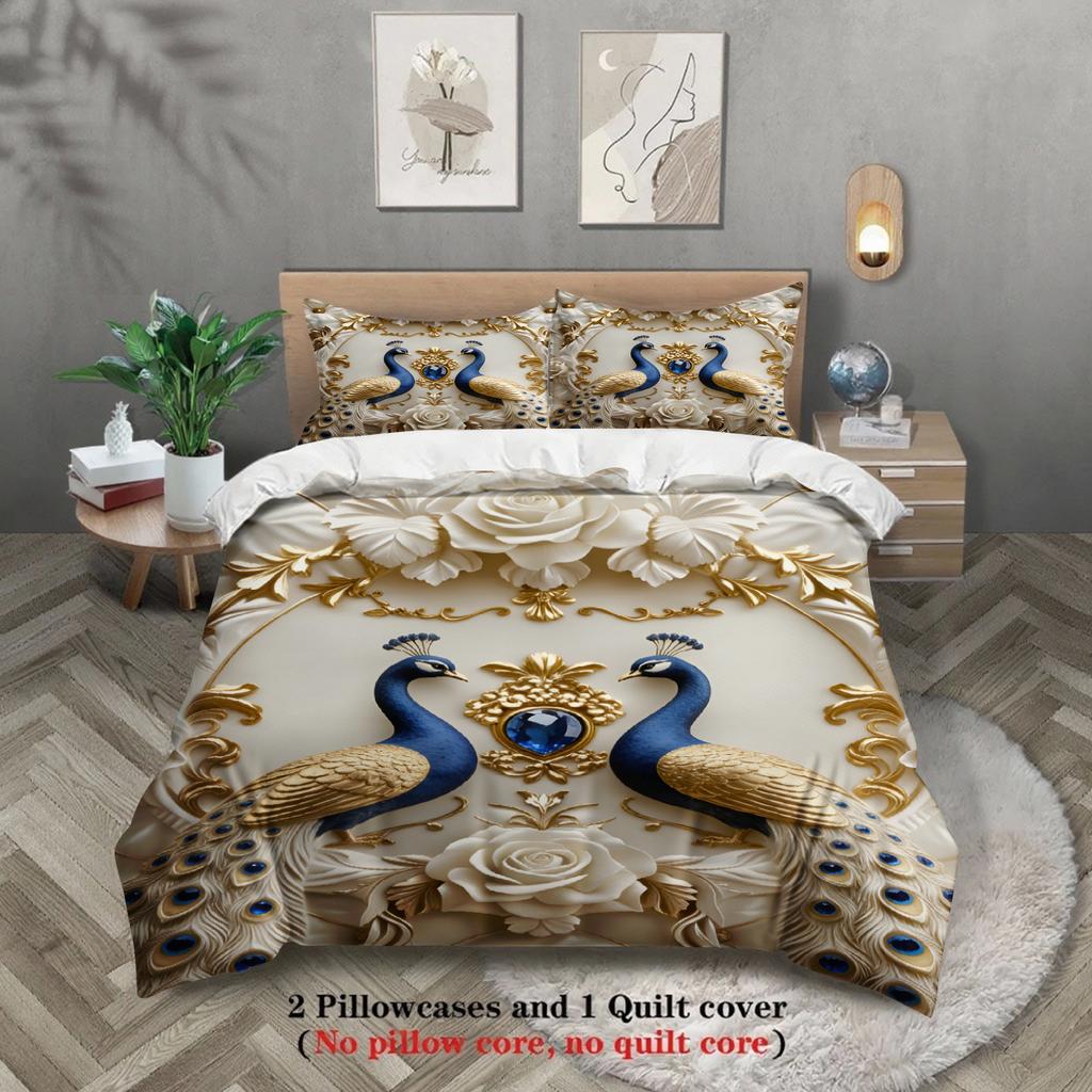Peacock Floral Bedding Set Cream Gold Blue Peacock And Rose Pattern Duvet Cover Pillowcases For Bedroom Decor