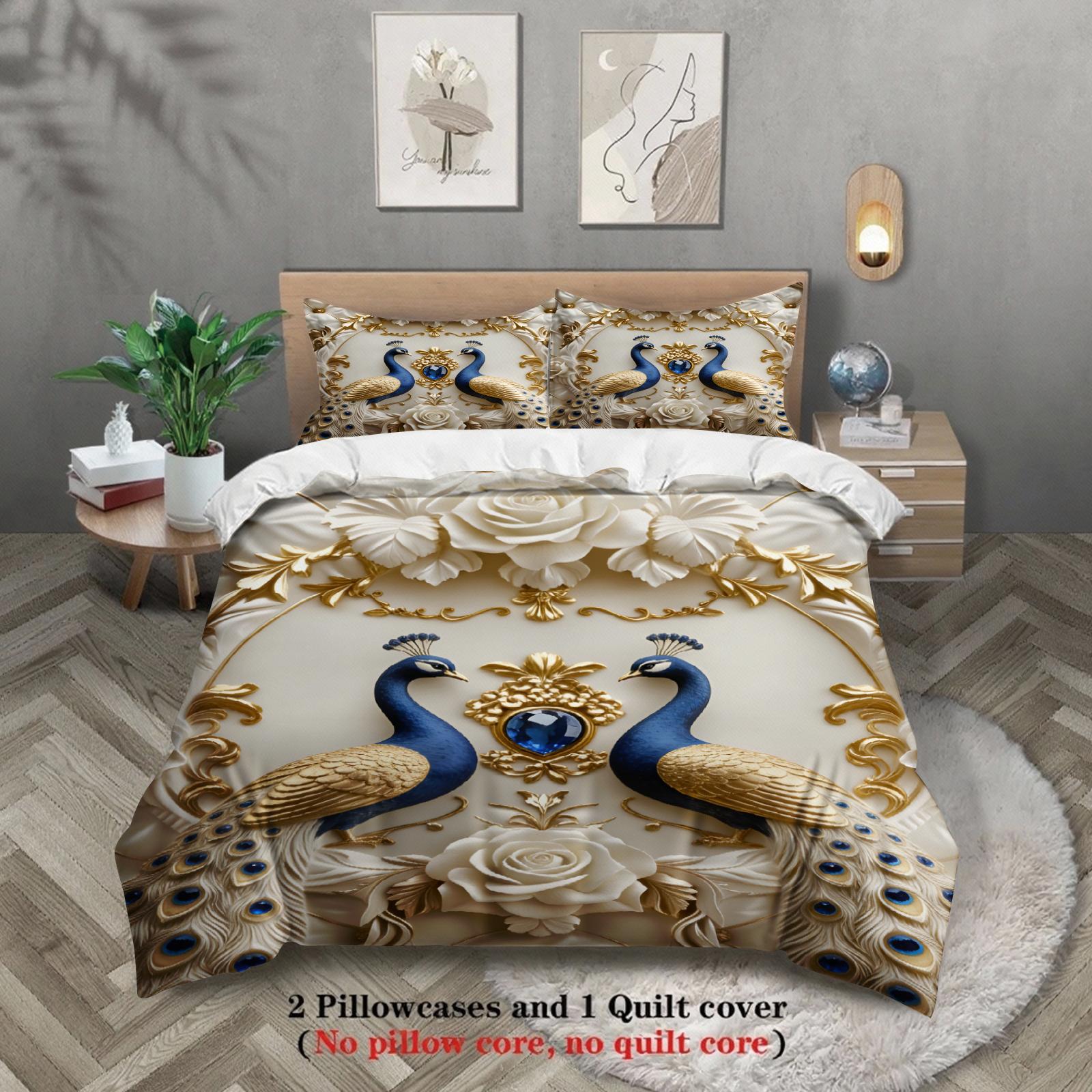 

Peacock Floral Bedding Set Cream Gold Blue Peacock And Rose Pattern Duvet Cover Pillowcases For Bedroom Decor US Full(200x230cm)