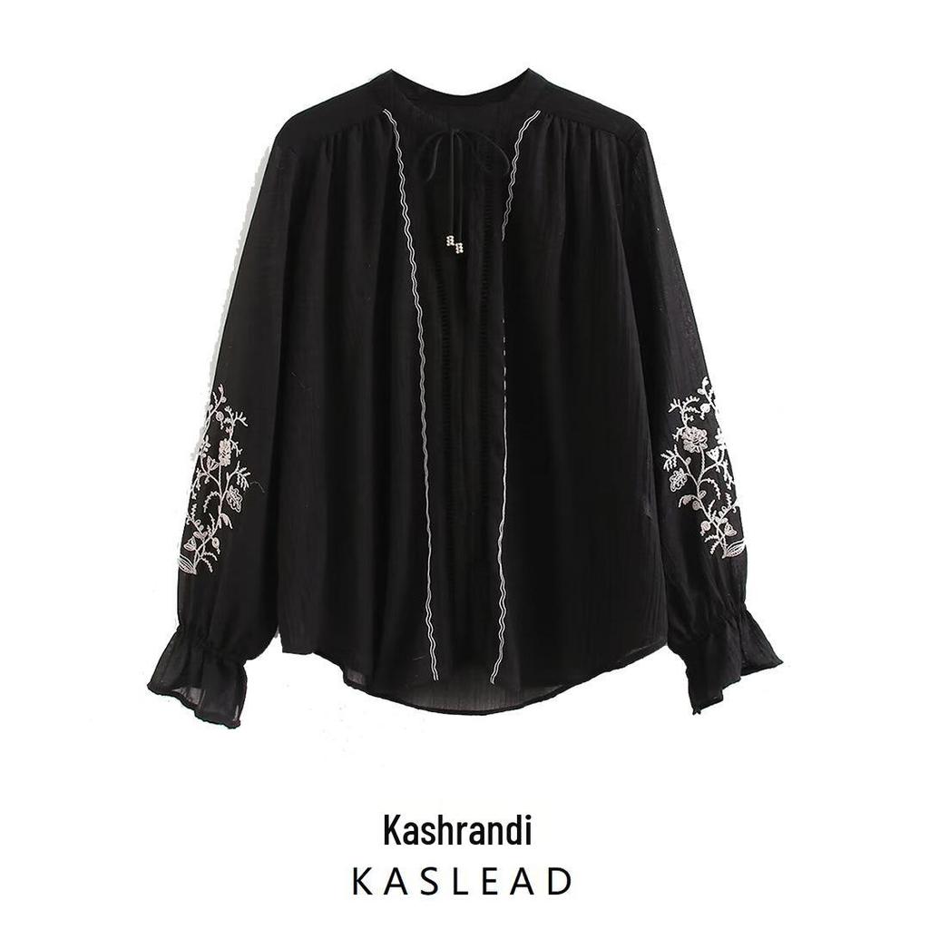 2024 Autumn Women's European & American Style Loose Embroidered Long Sleeve Shirt