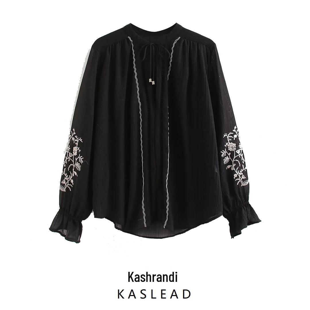 

2024 Autumn Women s European & American Style Loose Embroidered Long Sleeve Shirt S чорний