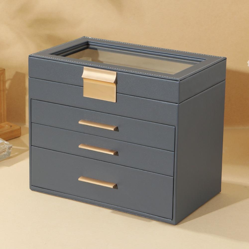 PU Window Jewelry Storage Box Gold Hardware Multi-Layer Design Four Layer Jewelry Box Anti-Oxidation With Mirror Jewelry Case серый