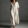 European and American women's clothing spring and summer new cotton and linen simple and elegant solid color short-sleeved lapel dress