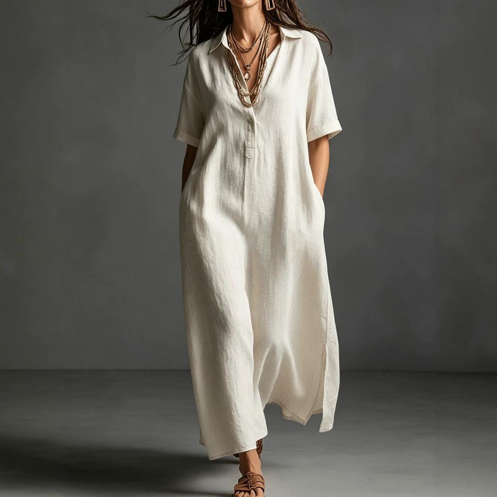 European and American women's clothing spring and summer new cotton and linen simple and elegant solid color short-sleeved lapel dress