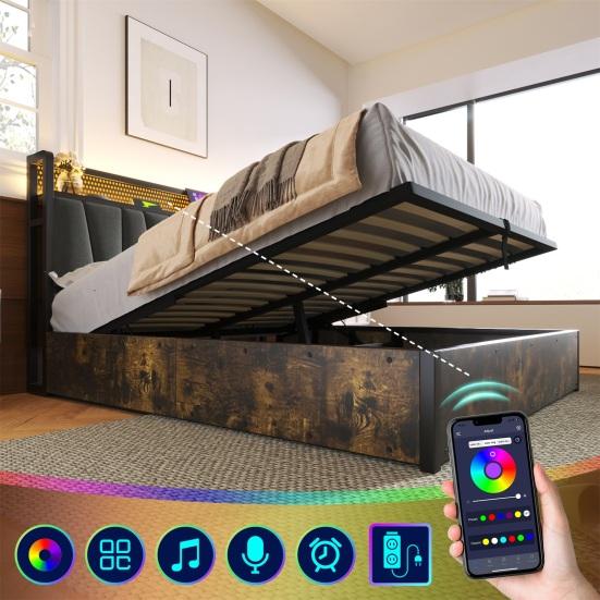 Upholstered Bed Metal Bed LED App-Control Double Bed with Charging USB Charging Function Headboard And LED Light, Metal Bed 140x200cm Wooden Slatted