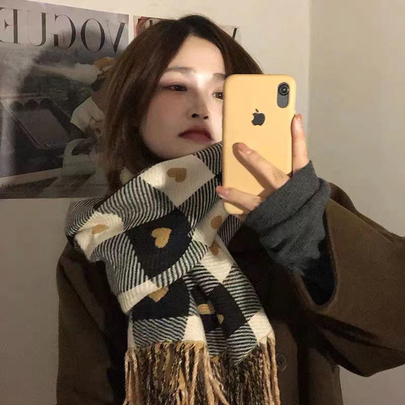Korean Style Milk Coffee Heart Scarf: Cute, Versatile, Winter Shawl for Women and Students