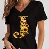 Women's V-Neck T-Shirt Sunflower Leopard Print Letter B Tee Top Floral Animal Print Initial Casual Tee A-Z 26 Alphabet Clothes