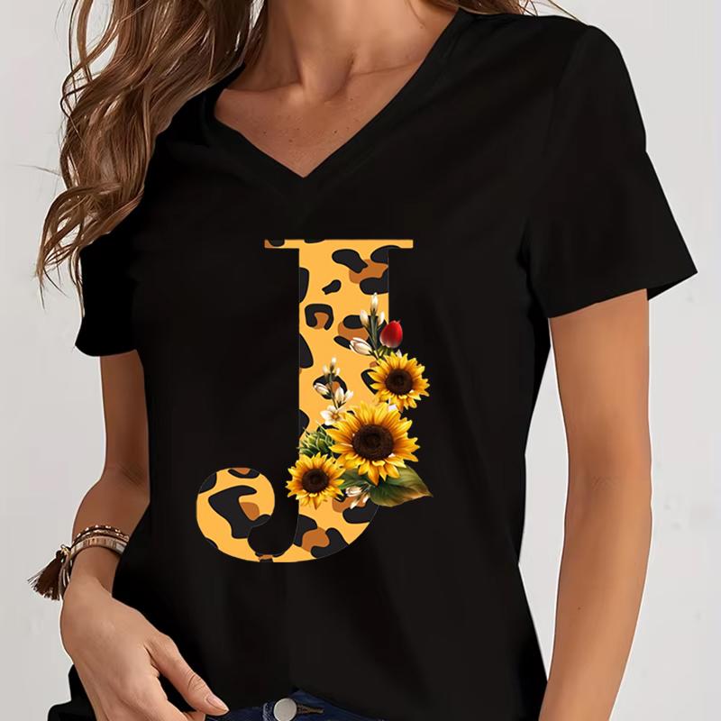 Women's V-Neck T-Shirt Sunflower Leopard Print Letter B Tee Top Floral Animal Print Initial Casual Tee A-Z 26 Alphabet Clothes