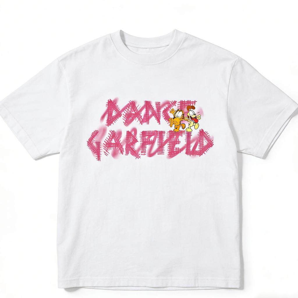 Garfield & Odie "DANCE GARFIELD" Graffiti Print Short Sleeve T-Shirt, American Streetwear Brand Heavyweight Cotton Loose Fit Oversized Couple Top