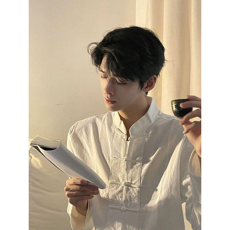 Pánský čínský zenový styl ledový hedvábí oblek Tang: Košile s dlouhým rukávem a stojáčkem