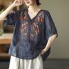 Blusas Vintage Bordadas de Verão para Mulheres com Decote em V e Mangas Curtas de Algodão e Linho Largas de Tamanho Grande Camiseta Casual para Meia-Idade