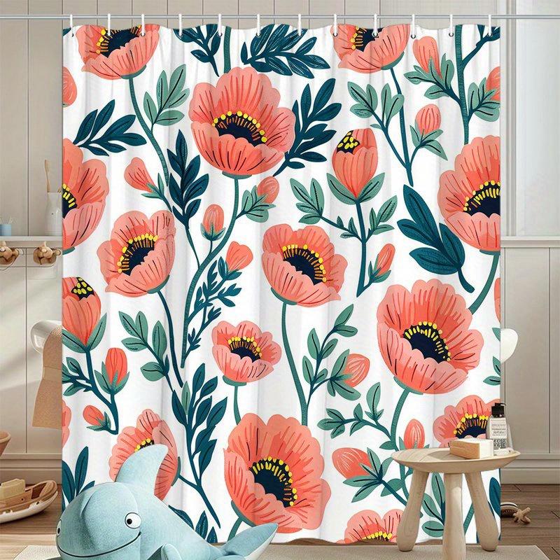 1 pc Red Poppy Shower Curtain - Polyester Fabric, Machine Washable, With Hooks, Suitable for Bathroom Decoration