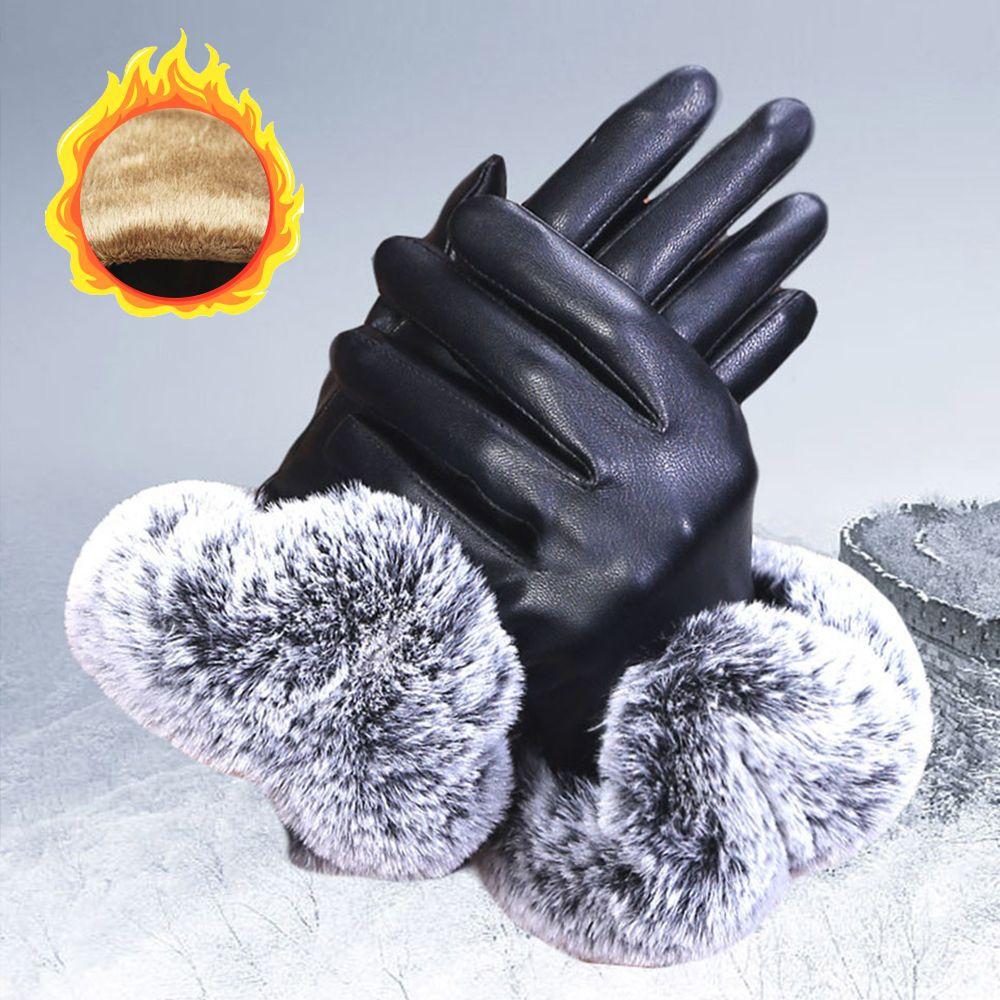 Plus Velvet Waterproof Windproof Touch Screen Mittens Faux Fur Gloves Cashmere Gloves PU Leather