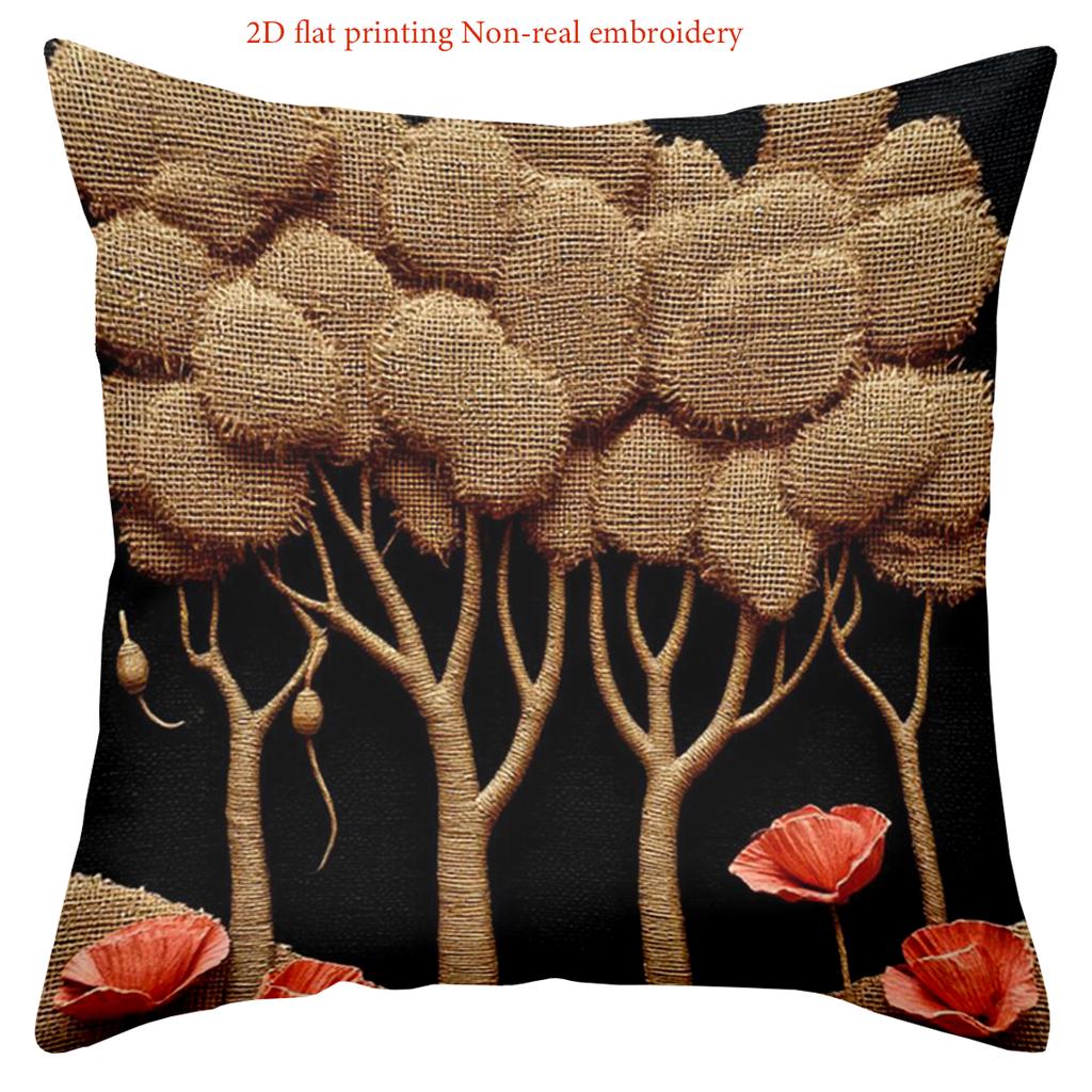 2D Flat Printed Poppy & Tree Pattern Non-real Embroidery Pillows Polyester pillowcase, sofa cushion cov Headboard Pillow