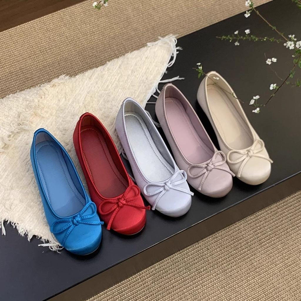 Red shallow single shoes women's new retro gentle round head ballet flat beanie shoes