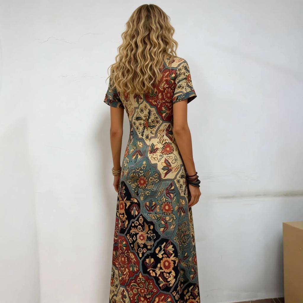 Europäisches und amerikanisches lässiges Retro-Ethno-Blumen-Digitaldruck-Kunst-Kurzarm-Kleid für Damen
