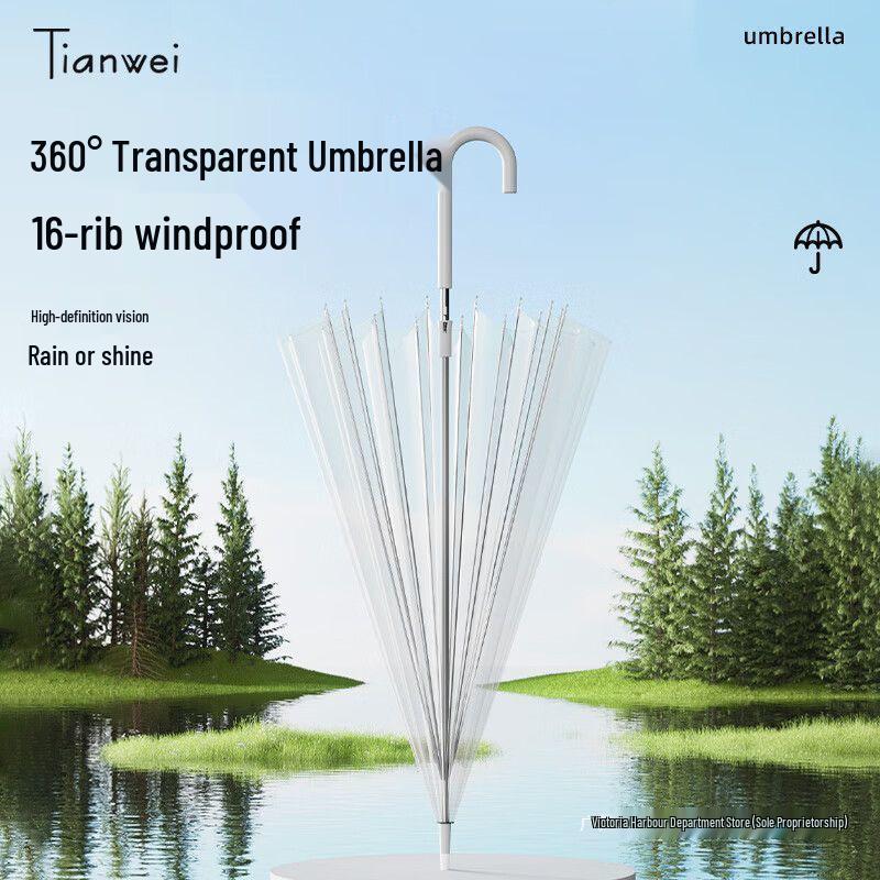Red Semi-Automatic Transparent Umbrella with Long Handle & Double Spokes