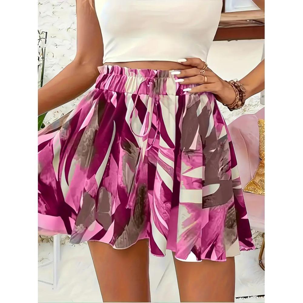 Women's Summer Printed Wide-Leg Lace-Up Shorts, Fashionable and Elegant Vacation Beach Skirt Women's Beach Vacation Printed Mini Skirt