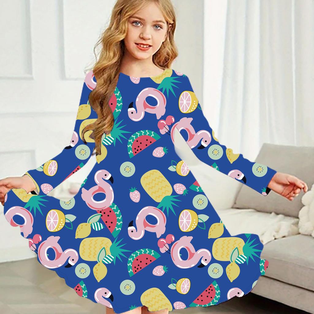 Mädchen Freizeitkleid mit Früchte-Print Rundhalsausschnitt Langarm Kinder Prinzessinnenkleid