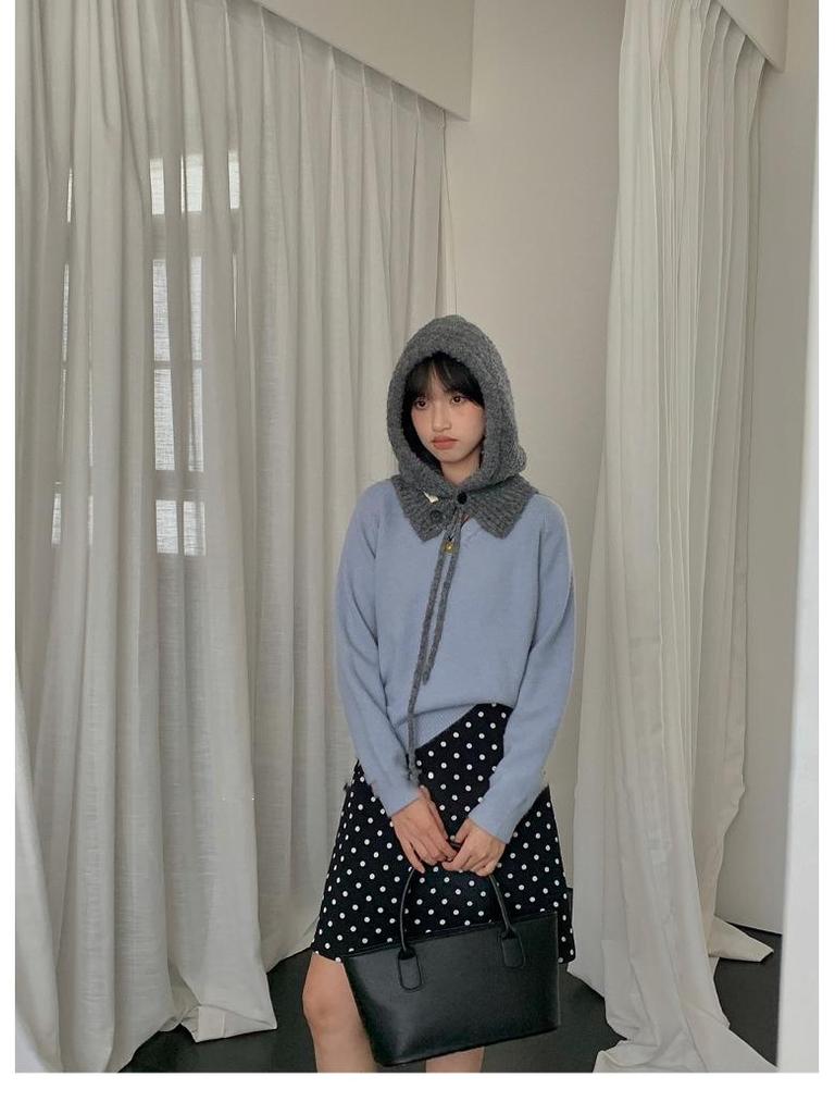 Women's Blue Knitted Wool Balaclava Scarf: Warm Ear Protection for Autumn & Winter