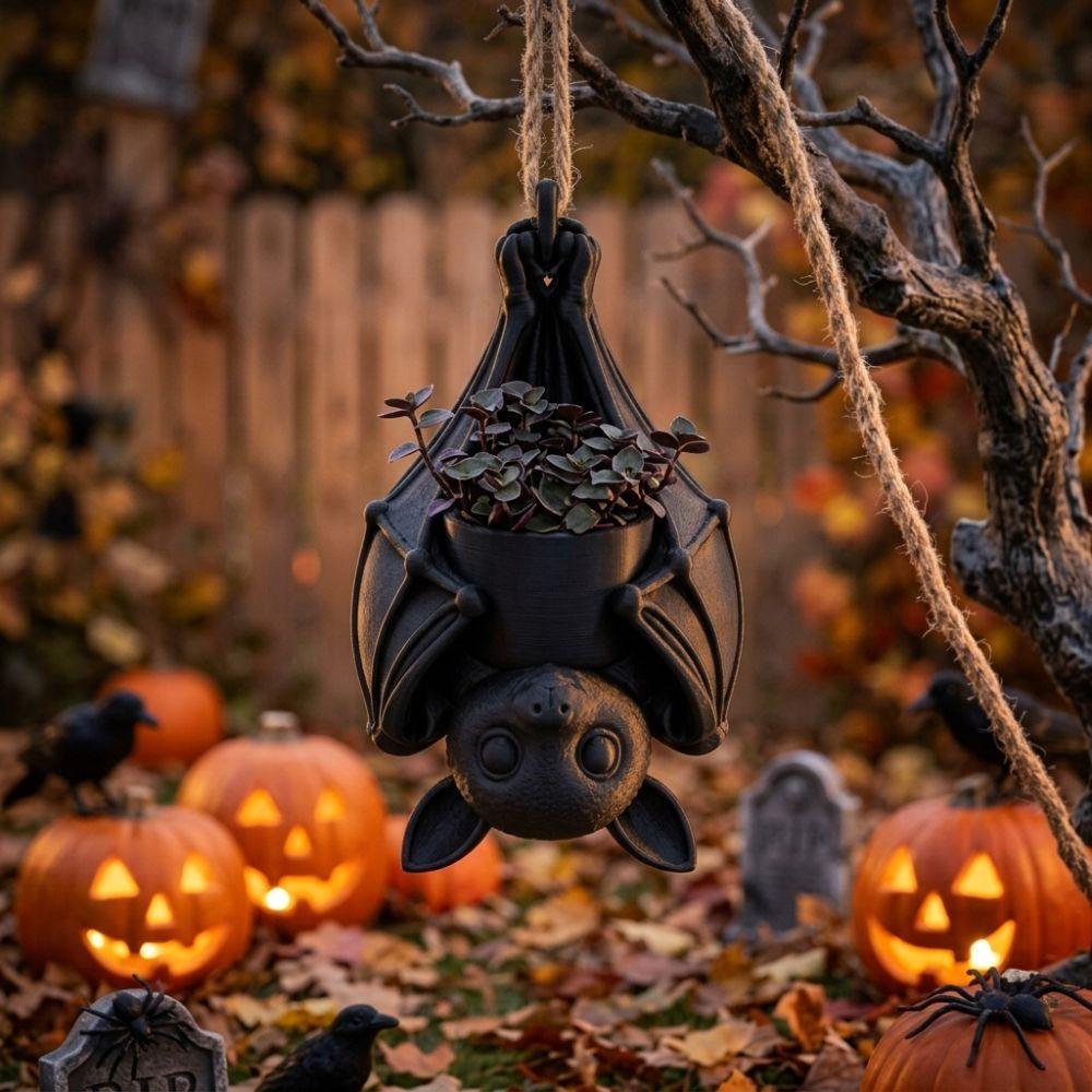 Gothic Style Upside Down Bat Hanging Planter 3D Printed Hanging Bat Plant Pot Halloween Party