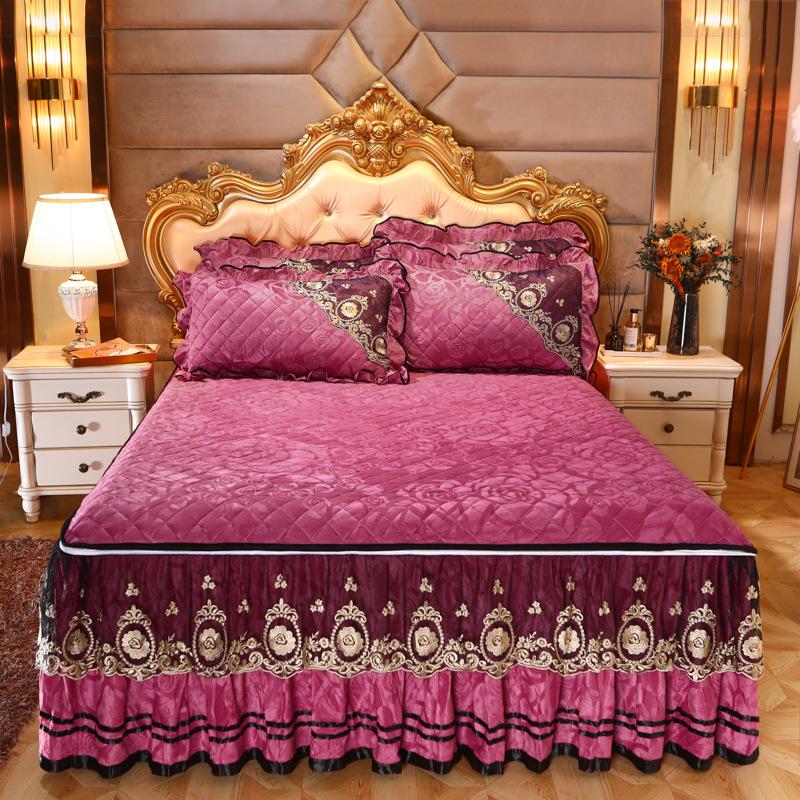 Winter Velvet Lace Bed Skirt One-Piece Thickened Non-Slip Coral Velvet Bedspread Detachable Lace Mattress Protective Cover