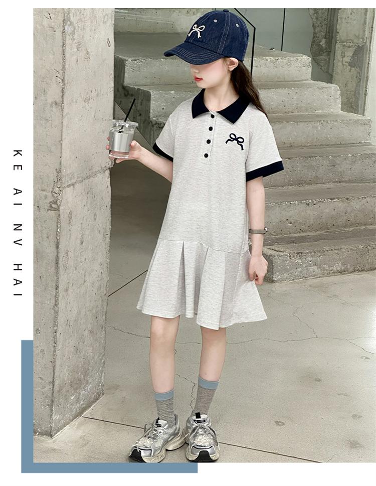 Girls' Short Sleeved Polo Shirt Dress Summer Dress 2026 New Style for Children, Middle-aged and Young Girls, Summer College Style
