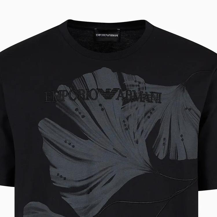 Emporio Armani SS24 Logo Plant Pattern Printed Crew Neck Casual Short Sleeve T-Shirt Men tops Black 3D1T6U-1J7FZ-10069