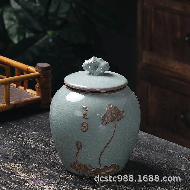 Ceramics Ge kiln Song porcelain tea jar, large sealed storage jar, vintage relief tea packaging jar, gift ice crack glaze