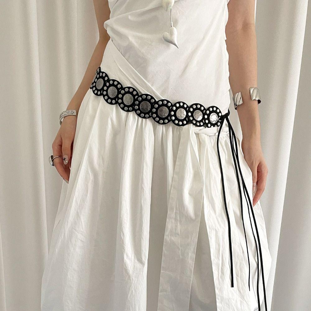 Round Leather Waist Belt Black Coffee Dress Jeans Belt American Women's Rivet Belt Spicy Girls