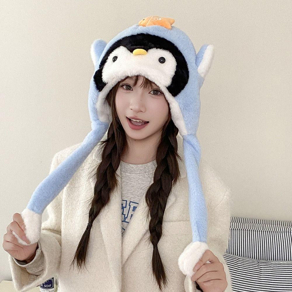 Windproof Fluffy Pullover Hat Cartoon Warm Lei Feng Cap Sweet Penguin Ear Moving Hat  Girls