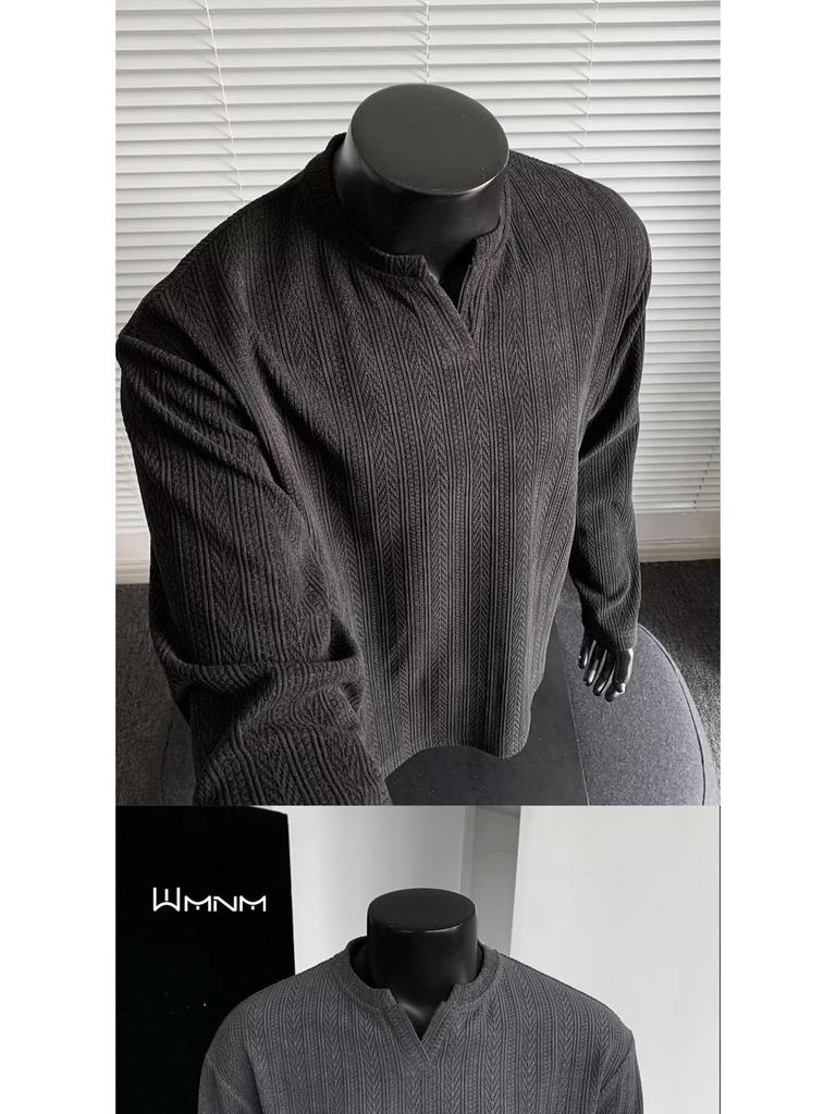Men's High-End Jacquard Hoodie: Wrinkled Waffle Knit Long Sleeve T-Shirt with Elastic Padded Shoulders