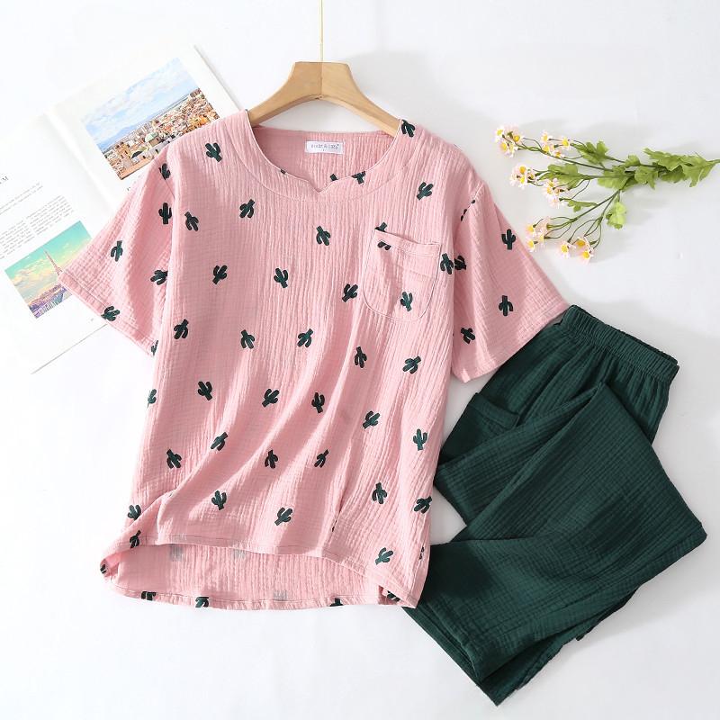 Noul stil japonez de primăvară și toamnă pentru femei din bumbac creponat Pantaloni cu mâneci lungi Pijamale Cactus Confortabil la domiciliu