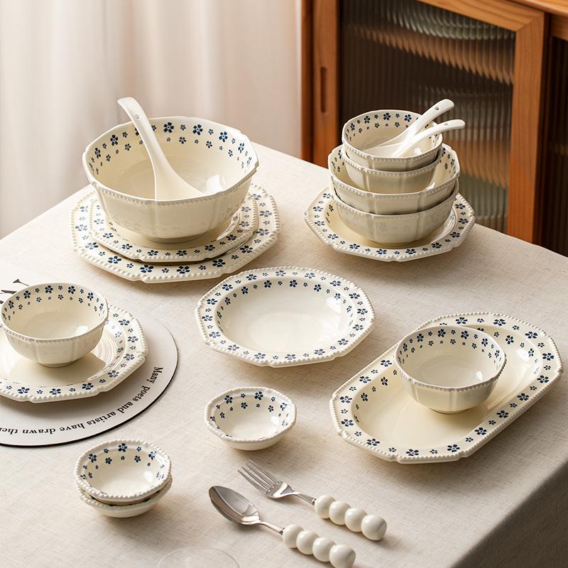 Retro Bead Point Blue Cherry Blossom Ceramic Tableware Small Fresh Household High Value Rice Bowl Vegetable Plate Niche Bowl Set